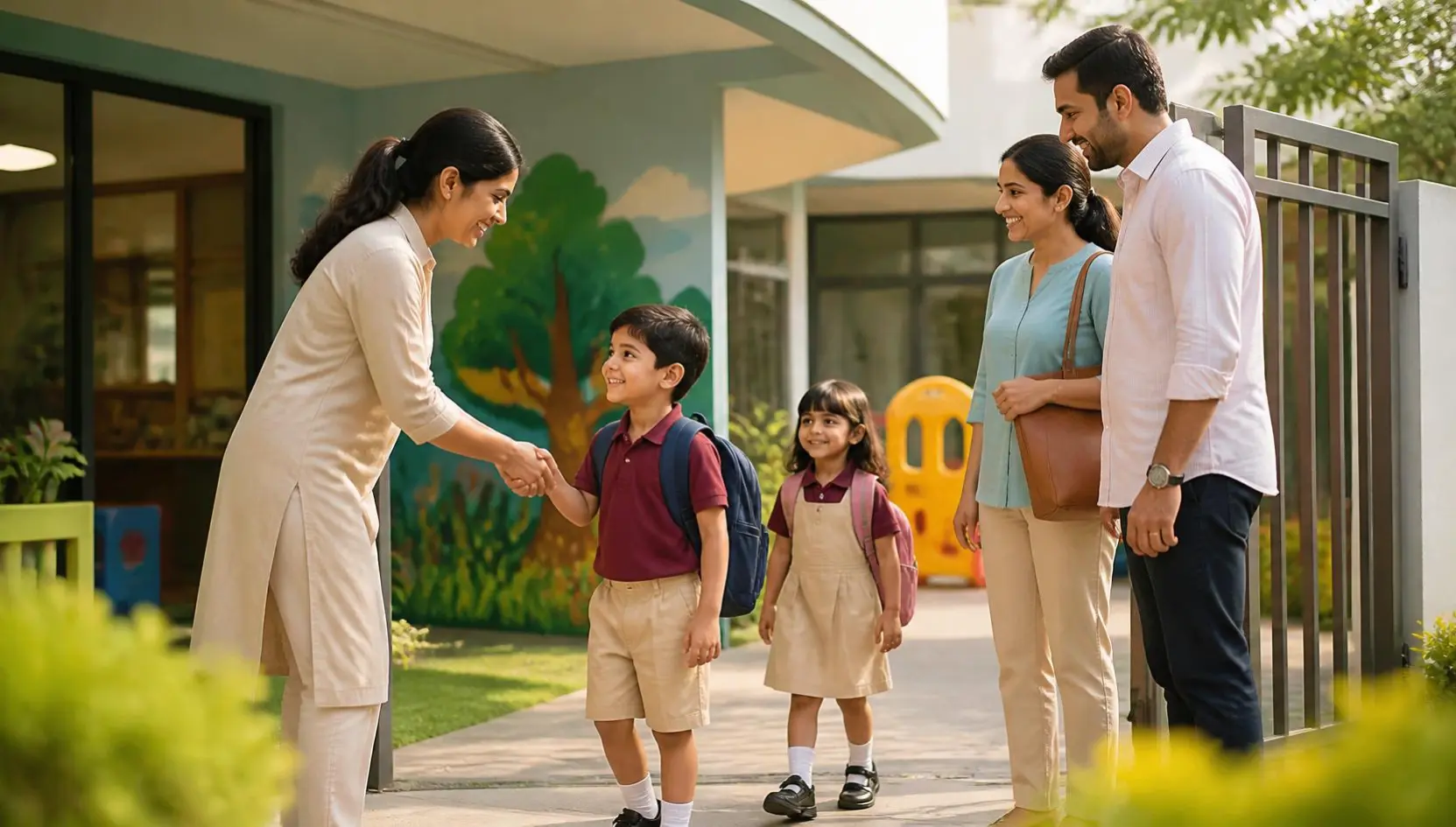A welcoming entrance of a premium yet affordable Indian preschool where happy parents are dropping off their 3-year-old Indian children with confidence. A smiling Indian female teacher warmly greets each child at the entrance, creating a reassuring first impression. The children are wearing premium preschool uniforms featuring maroon polo shirts with beige shorts for boys and maroon polo shirts with beige pinafores for girls, paired with white socks and black shoes. Neither the teacher nor the children are wearing a bindi. The preschool campus is bright, clean, and beautifully maintained with colorful murals, child-safe play equipment, lush greenery, and secure entry gates. Parents are smiling and interacting with the teacher while children happily walk inside holding small backpacks. The atmosphere conveys trust, affordability, quality education, safety, warmth, and a strong home-away-from-home feeling. Photorealistic, ultra-high resolution, editorial lifestyle photography, realistic Indian families and facial features, natural morning sunlight, premium preschool campus, vibrant yet elegant colors, shallow depth of field, no text, no watermark, landscape composition (16:9), designed as a featured image for a blog about choosing an affordable preschool in Noida.