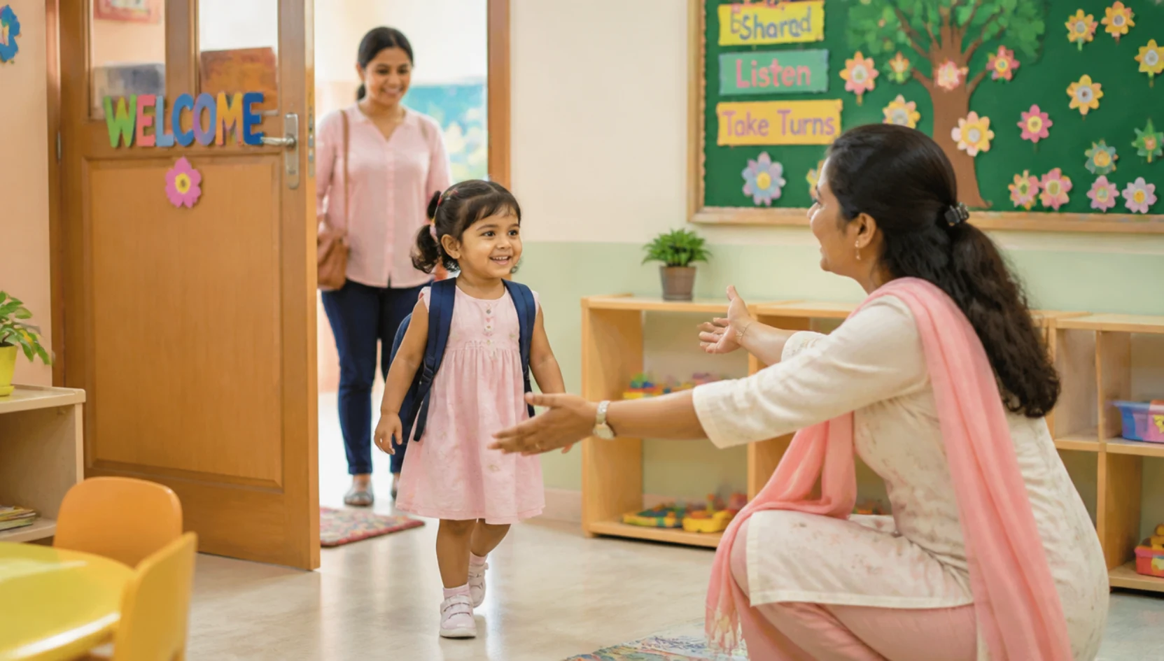 Smiling Indian child entering a bright preschool classroom with a teacher and classmates, showing signs your child is ready for preschool in Noida.
