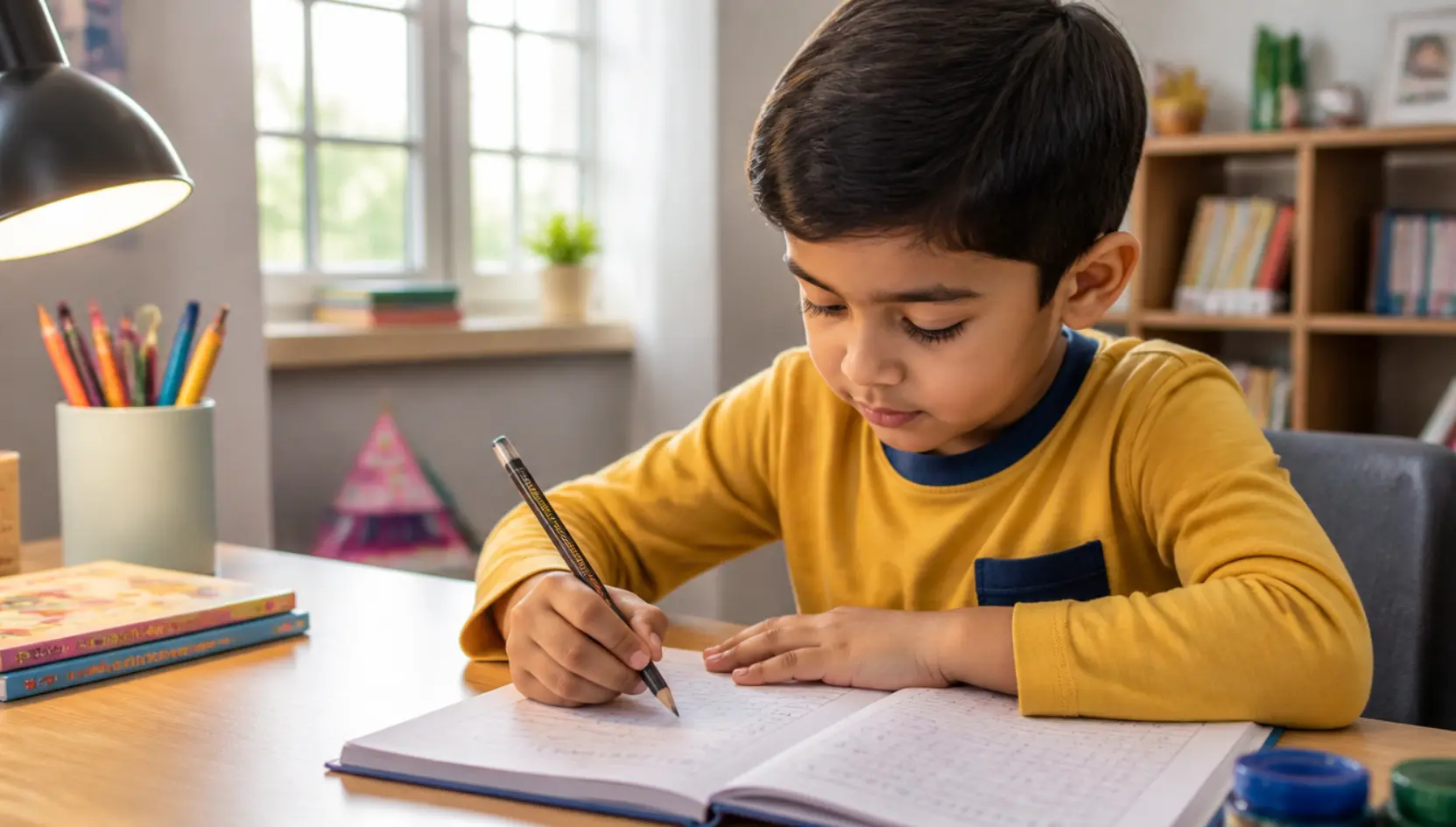Child practicing handwriting with a pencil at a study desk while maintaining proper grip and posture.